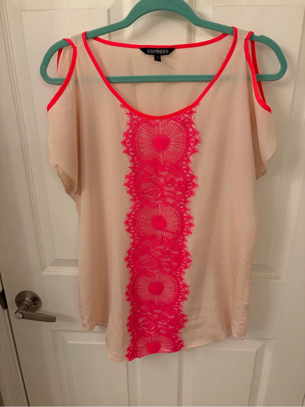 Express Cream Cold-Shoulder Tunic with Neon Pink Trim